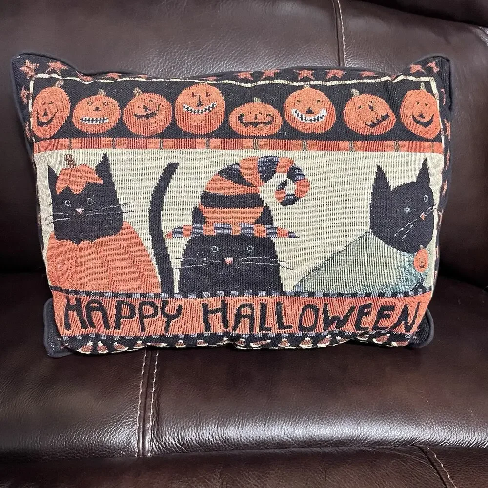 Vintage Halloween Black Cat Jack O Lantern Tapestry Throw Pillow 15x11 Decor